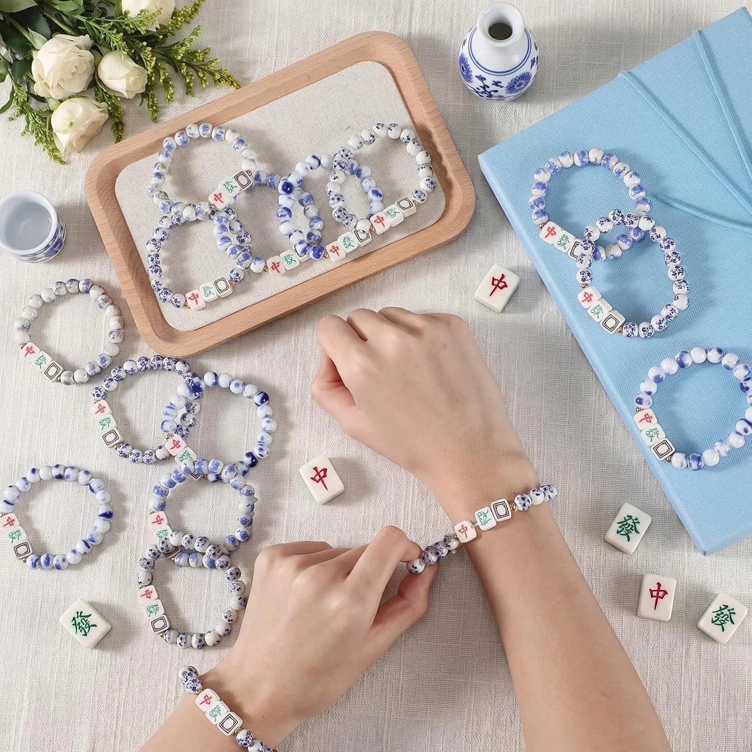 Personalized American Mahjong Bracelet Blue White Porcelain Bead Stretch Bracelet Mahjong Tile Charm Jewelry Gift for Women