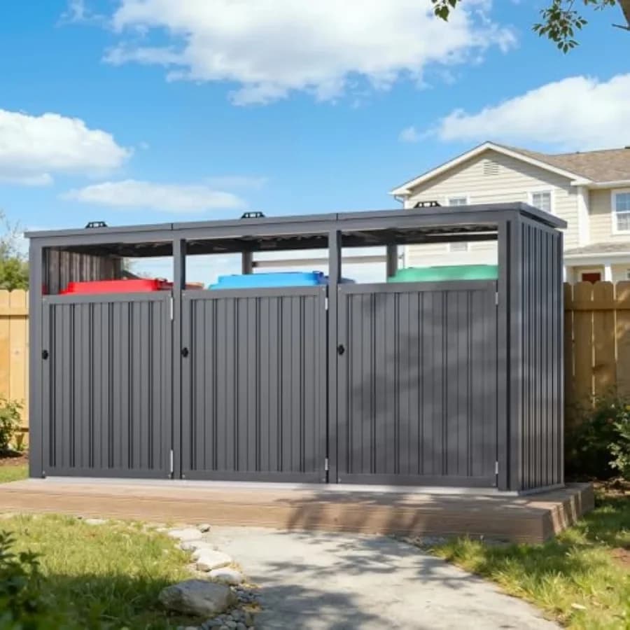 Outdoor trash can storage shed for 3 garbage cans, polyethylene, gray, weather-resistant and lockable