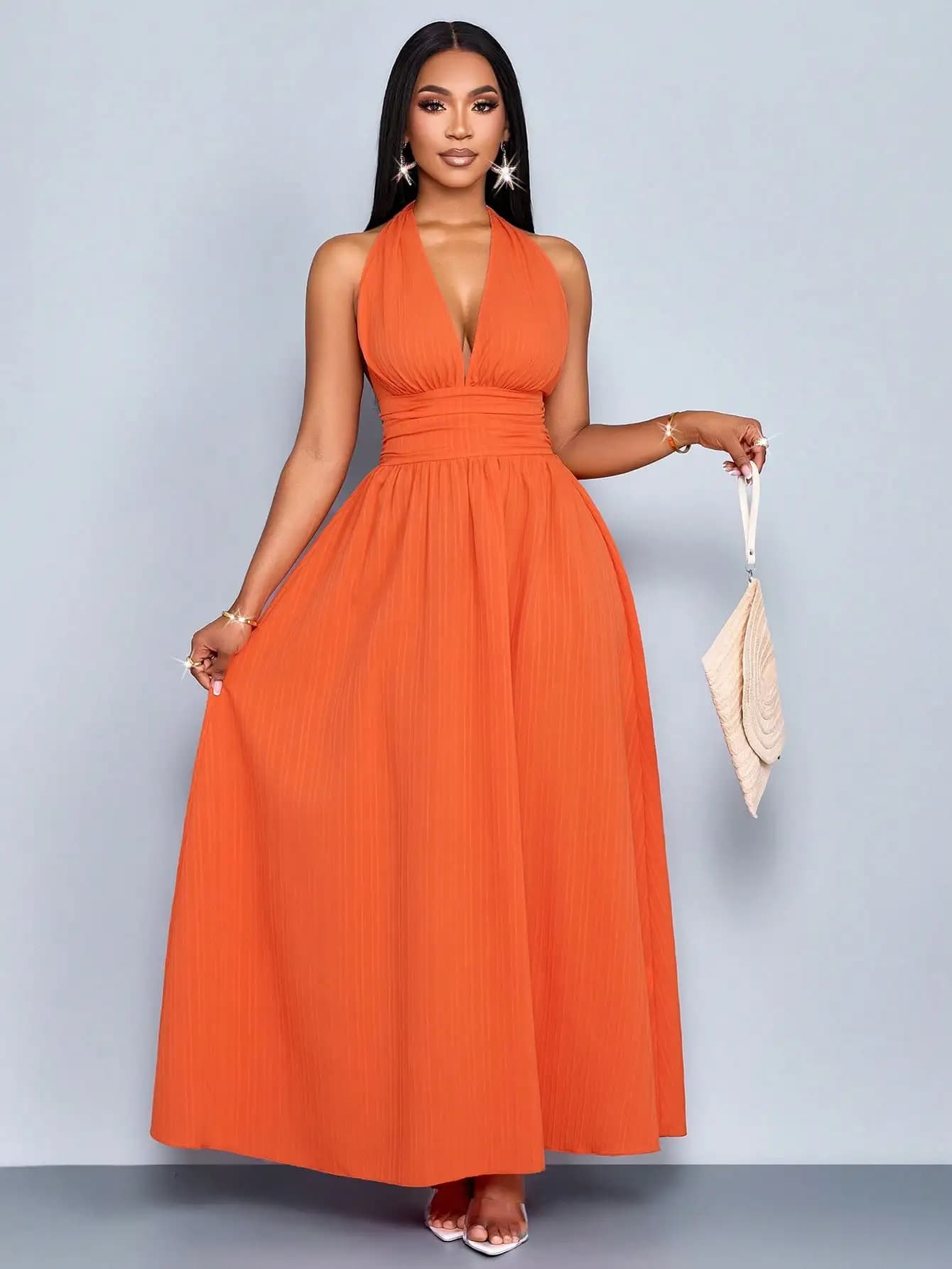 Abito lungo da donna arancione con scollo a V, plissettato, senza maniche, schiena scoperta, linea ad A, per vacanze estive al mare