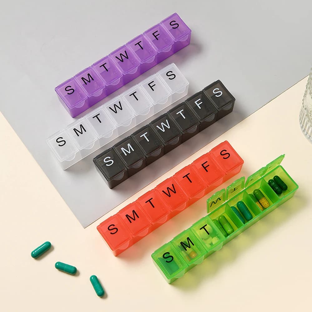 1 weekly pills, 7-day daily pills, easy to open, container for medicines printed silkscreen for vitamins
