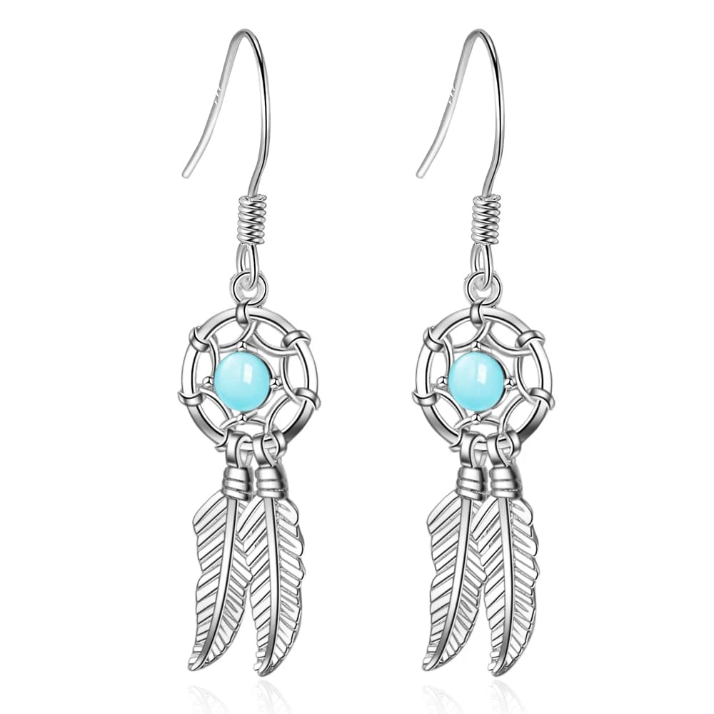 Dream Catcher Feather Tassel Statement Long Silver Color Earrings For Women 2020 Blue Beaded Bohemian Indian Jewelry Gift