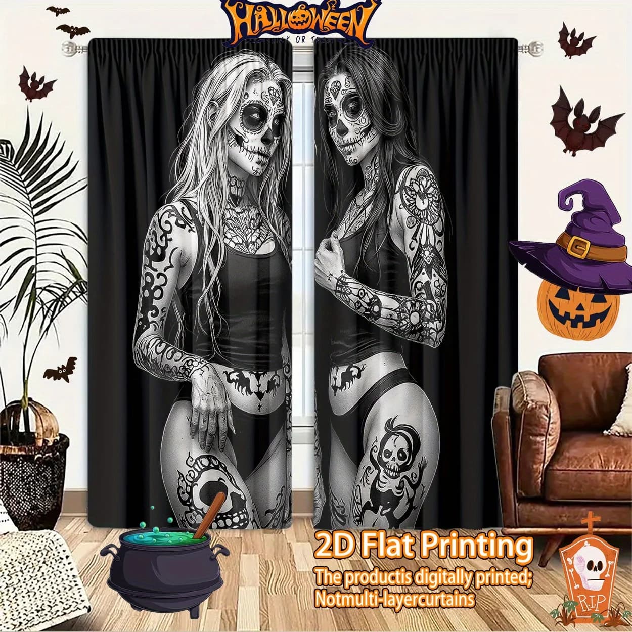 Gothic Sugar Skull Women Blackout Curtains - Dark Art Tattoo Girl Print Window Drapes for Living Room Bedroom