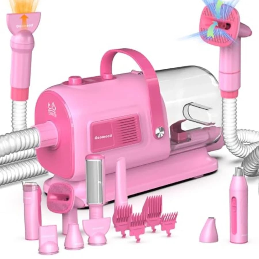 Kit Aspirapolvere e Asciugatore per Toelettatura Cani, Soffiatore 7 in 1 con Tosatrice e Spazzola per Rimozione Peli