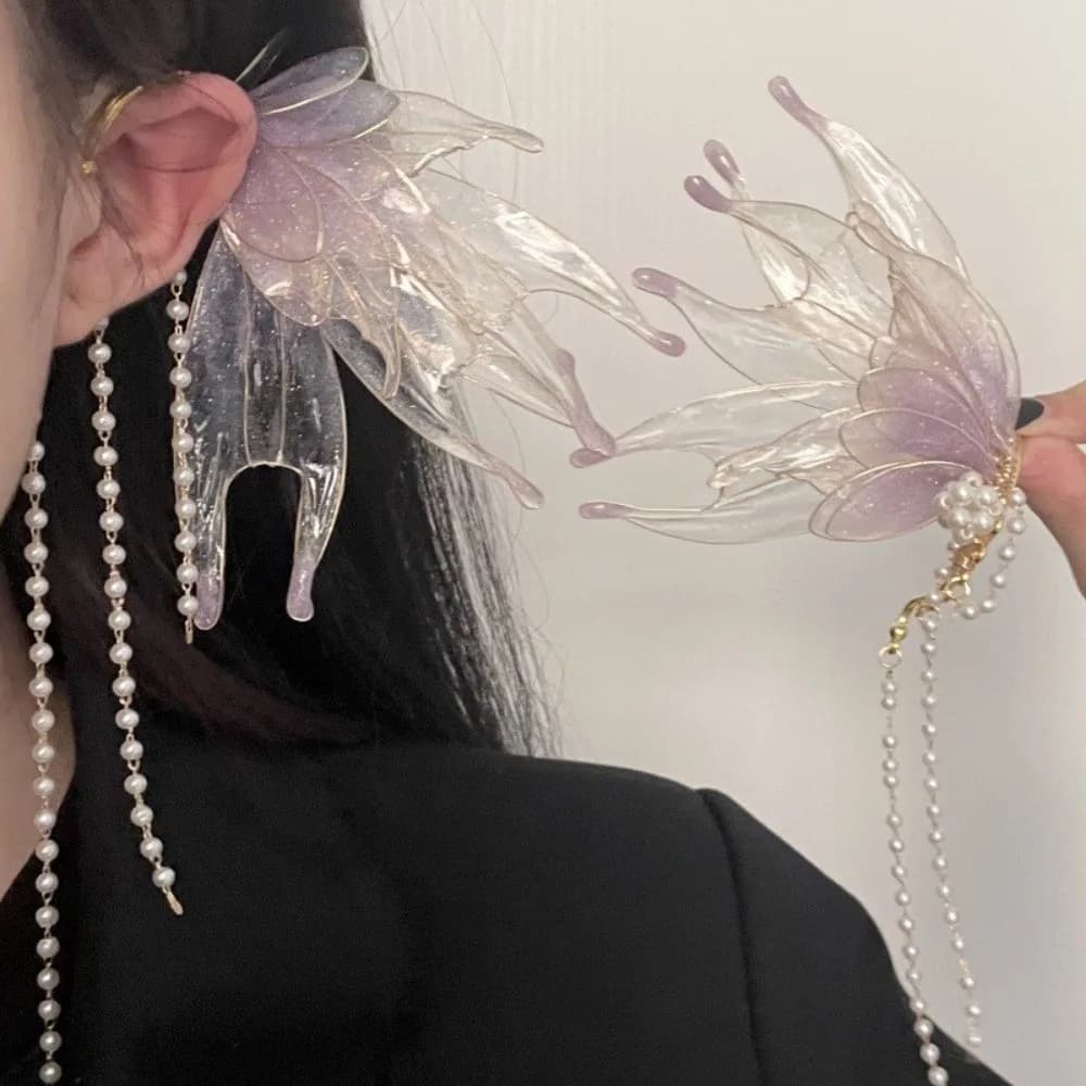 Orecchini a Clip Stile Sirena Principessa, Accessori per Orecchie da Fata Elfo con Fiori, Clip per Orecchie Estetiche Senza Piercing con Perle e Nappine per Feste