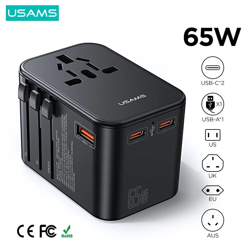 USAMS Caricatore da viaggio da 65 W Adattatore universale di ricarica rapida USB C con caricatore rapido da muro con spina EU AU US UK per caricabatterie per telefono cellulare