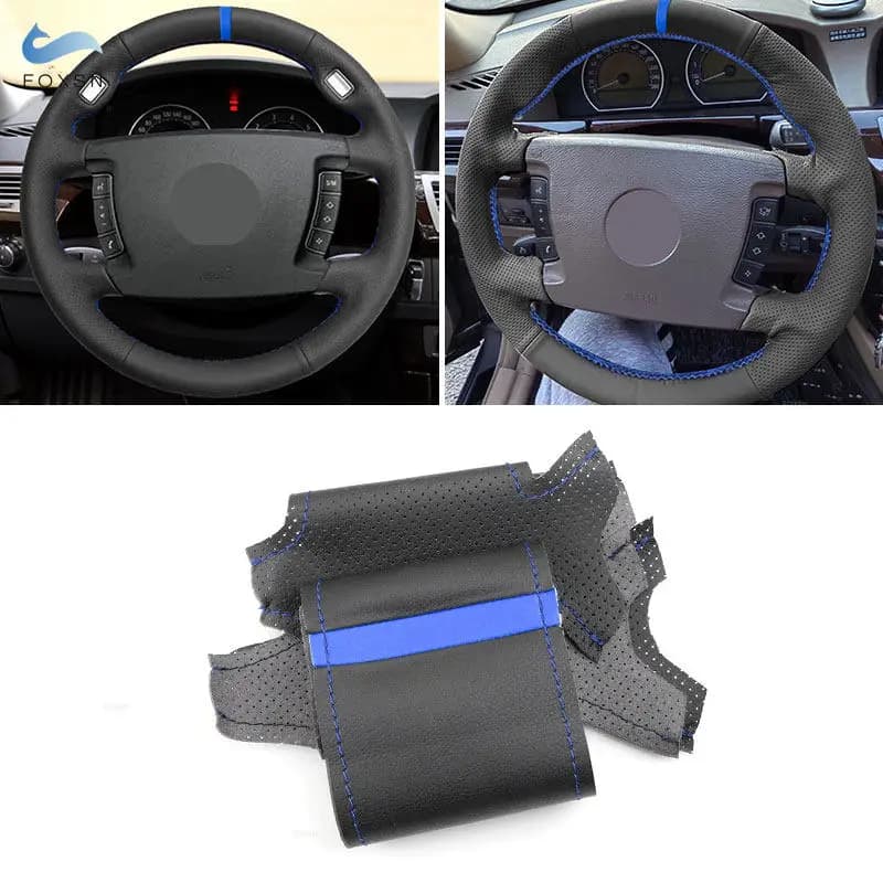 Per BMW Serie 7 E65 E66 Passo lungo Berlina 2001-2008 Coprivolante per auto cucito a mano in pelle traforata Trim barra blu