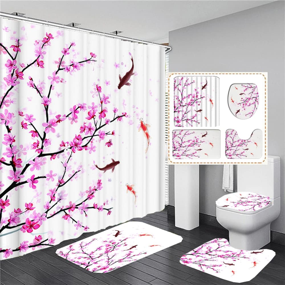 Tenda da doccia chic floreale rosa fiori di ciliegio per bagno fiori di ciliegio Sakura ramo tende da bagno tappetini tappeti set decorazioni per la casa