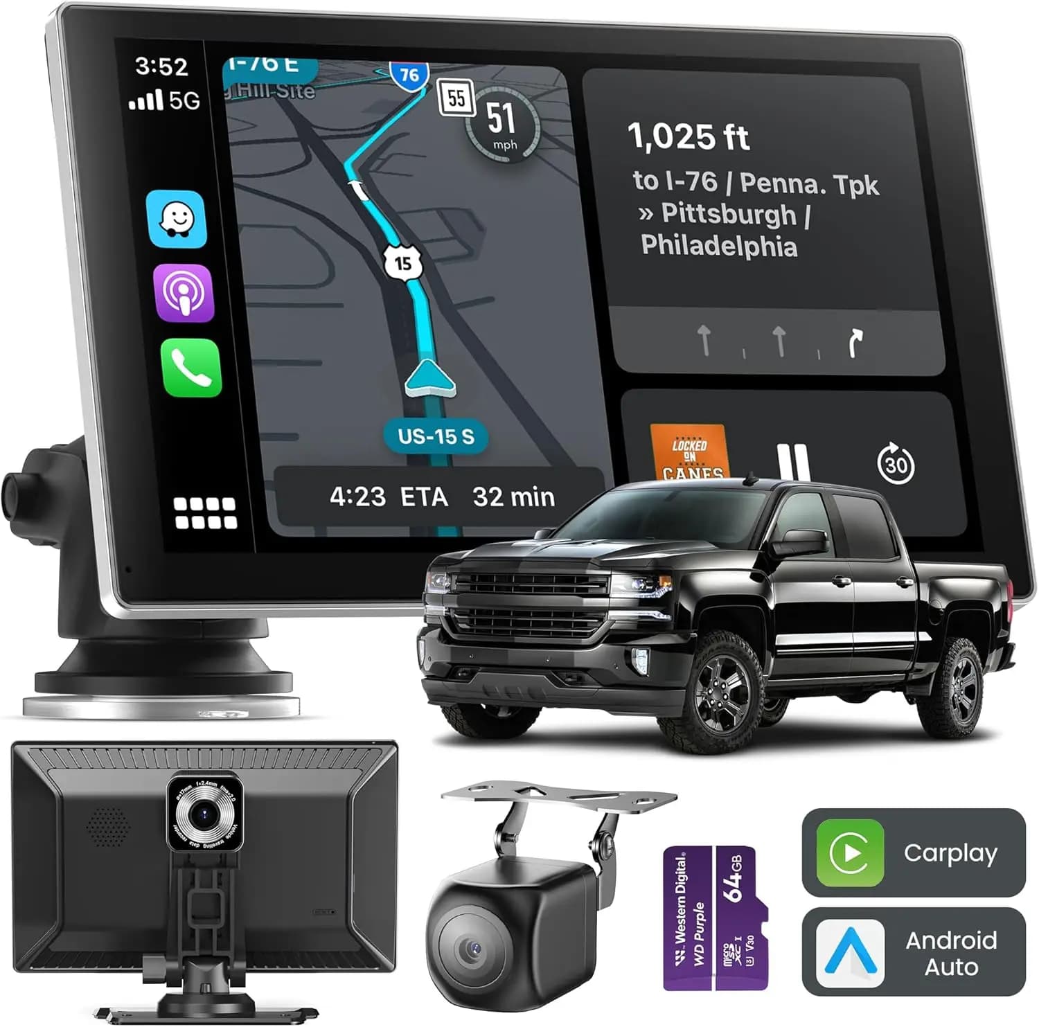 9" Portable Wireless Carplay and Android Car 4K Dash Cam 1080P Satellite Radio Backup Camera for Car with GPS Navigation