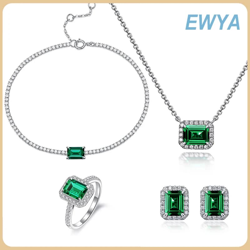 EWYA 1.5ct Cultivated Emerald Necklace and Ring Simple 925 Sterling Silver Zircon Bracelet Women's Earrings Party Jewelry Set