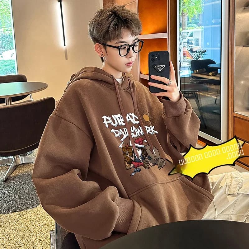 Hooded Sweatshirt Men's Autumn Winter Thickened Fleece Lined Sporty Loose Fit Warm Top Streetwear Style Printed Casual Jacket