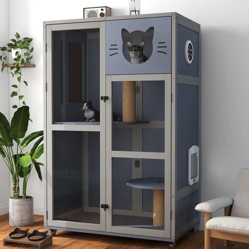 Villa per Gatti in Legno Grigia da Interno con Ruote, Cuccia, Piattaforme Multi-Livello, Tiragraffi, Ventilazione e Area Lettiera per Gattini