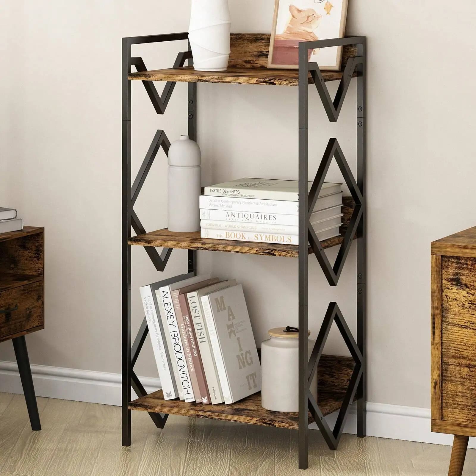 Scaffale a 3 livelli, da terra, salvaspazio, in metallo e legno, organizer per cucina, scaffale porta CD e piante per cucina, soggiorno, camera da letto