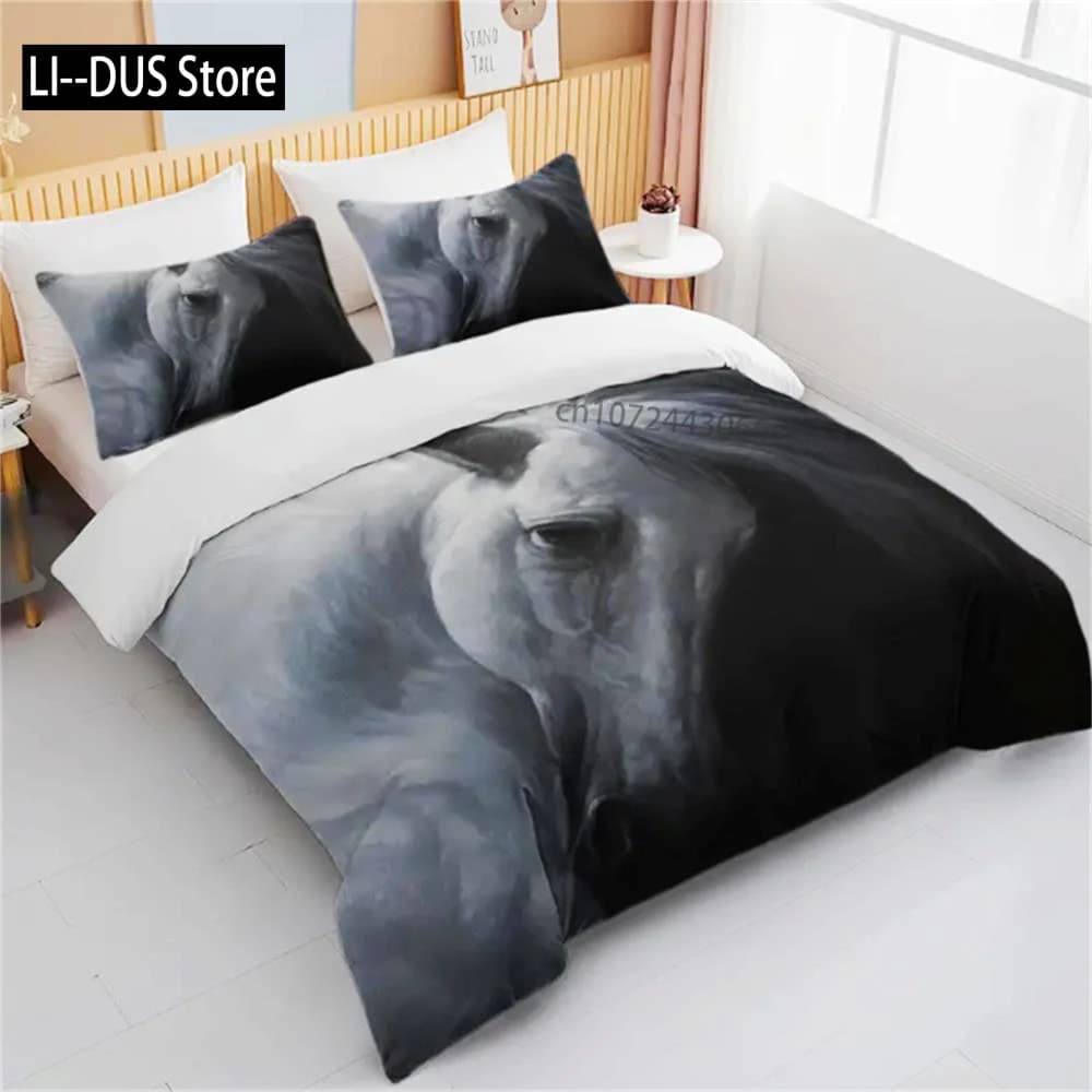 Biancheria da letto con stampa cavallo grigio Stampata animalier 3 pezzi con copripiumino e 2 federe Copripiumino moderno