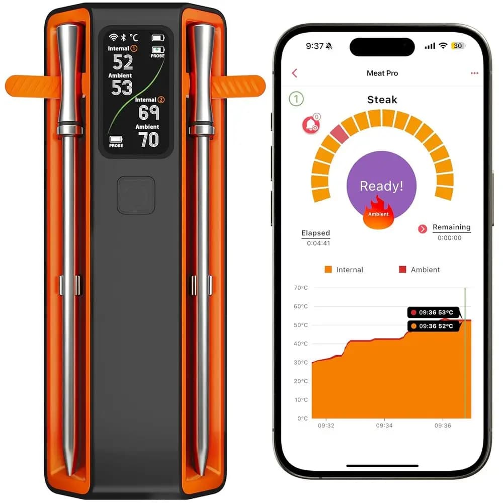 Digital Wireless Bluetooth Thermometer for Meat, 2 LCD Grid probes and screen, BBQ, Smoker, Air Fridge, Kitchen, Oven