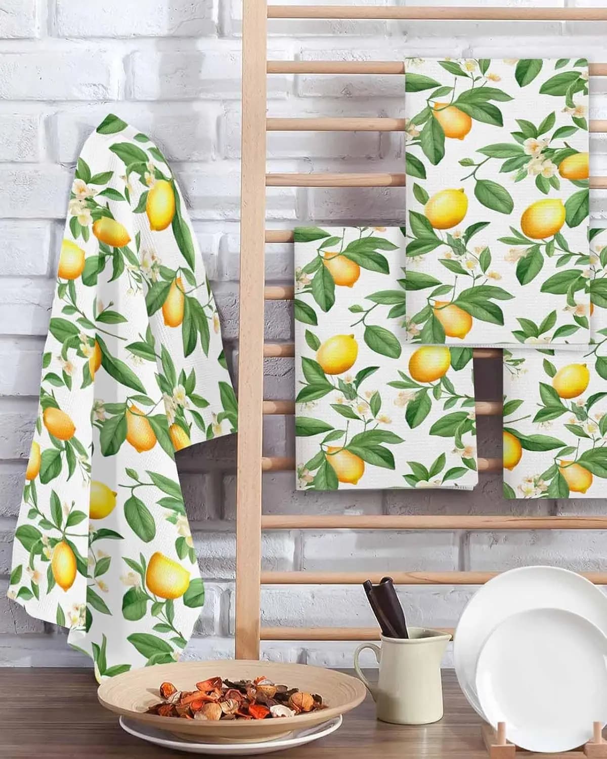 Set di asciugamani da cucina estivi con frutta al limone, set di prodotti per la pulizia, barra assorbente, strofinacci a mano, accessori per cucine