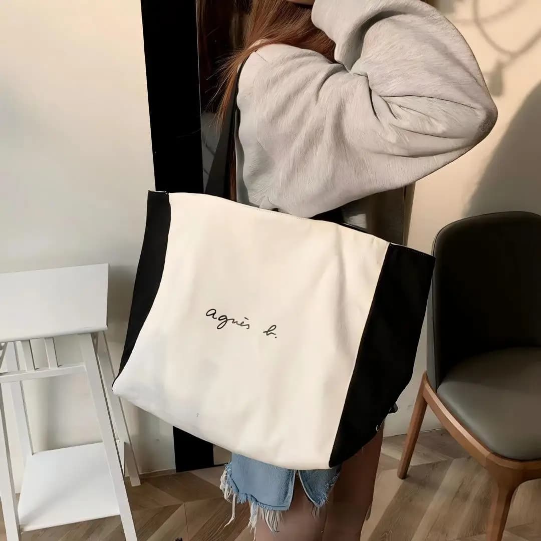 Reversible Canvas Large Capacity Tote Bag Black White 2 Way Wear Casual Handbag For Daily Commute Travel Outdoor