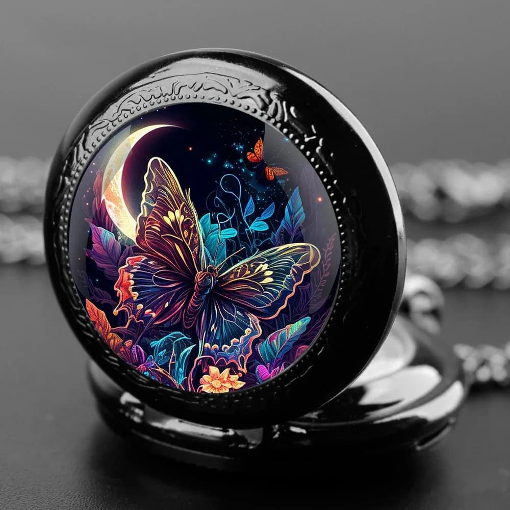 Art Starlight Butterfly Orologi da tasca al quarzo in vetro con cupola vintage con catena Collana da uomo e da donna con pendente a cronometraggio Regali per bambini