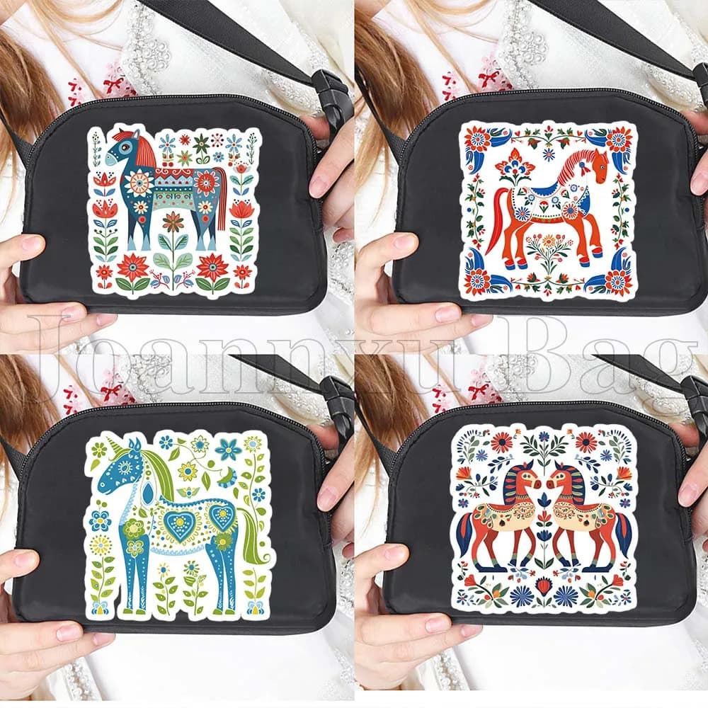 Handbags and sports marsuckles with floral pattern Swedish Dala horses, Stockholm Sweden, ideal for racing, cycling, wallet, phone case, gifts