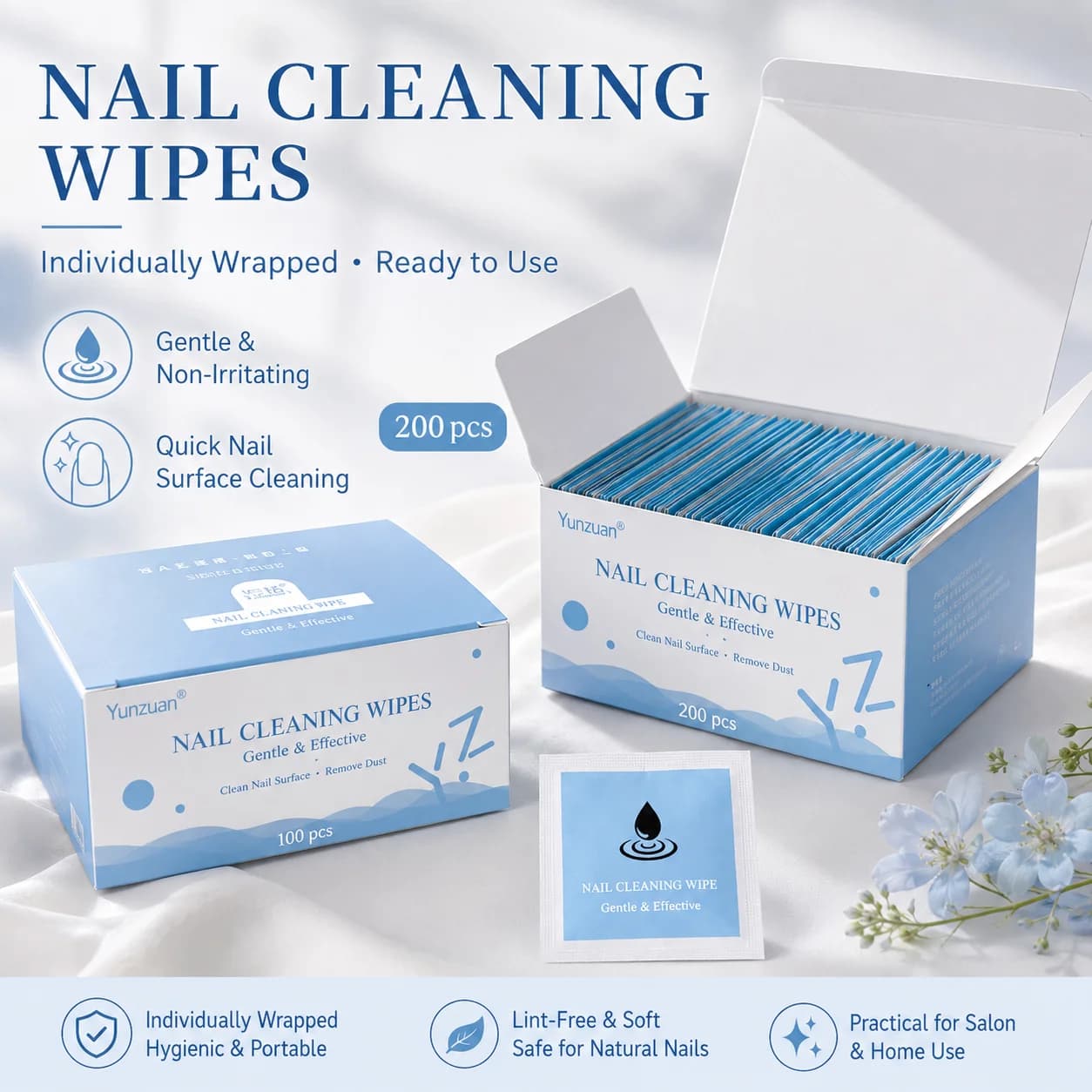 50/100/200Pcs Nail Cleaning Wipes Individually Wrapped Pre-Moistened Gel Cleanser Pads for Nail Prep Tools UV Lamp
