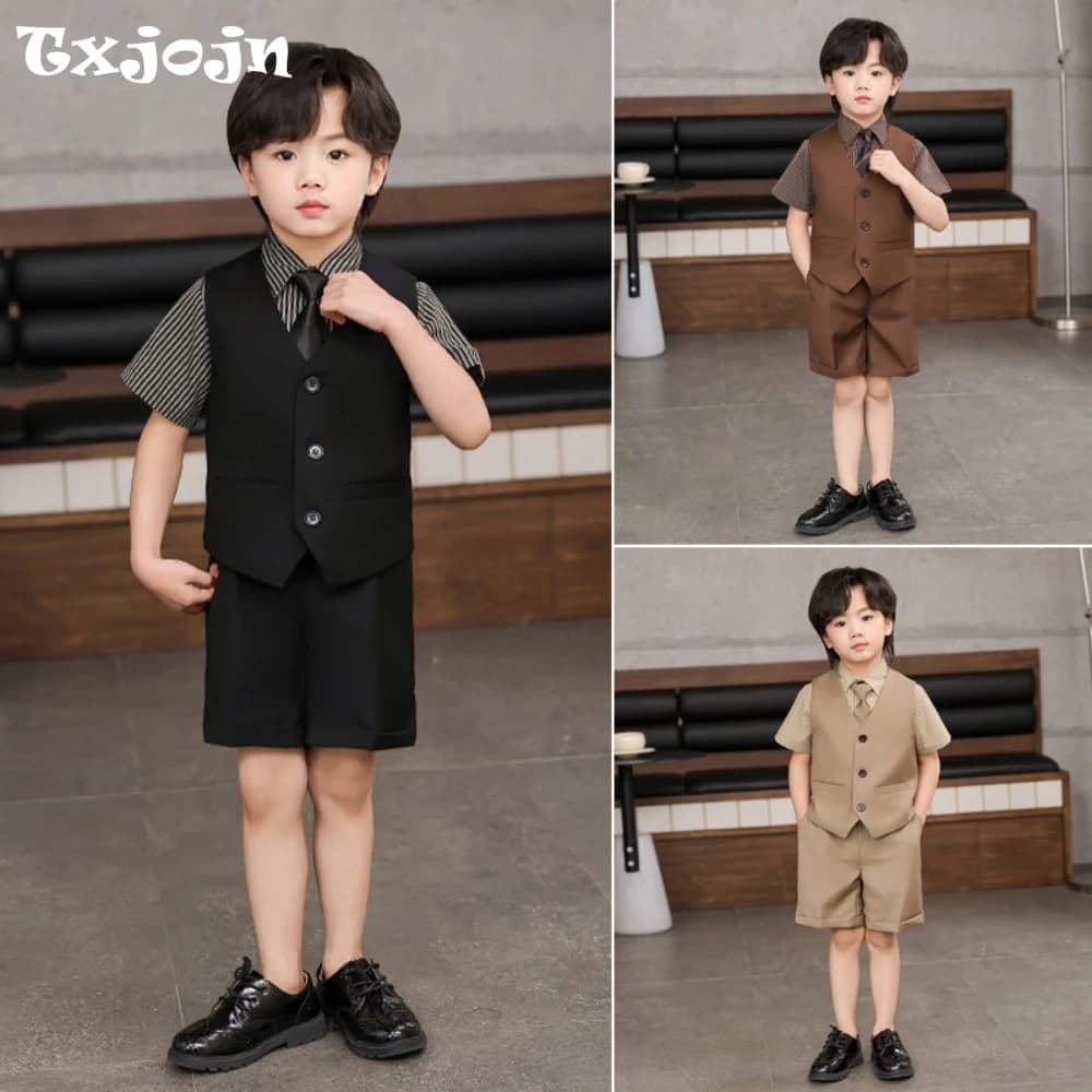 Completo estivo da ragazzo Set 3 pezzi Gilet Pantaloni corti Cravatta per la vita quotidiana della scuola Abiti eleganti per bambini belli Vestito per il rientro a scuola