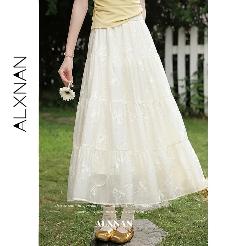 ALXNAN Women's Maxi Skirt Elastic Waist A-line Bow Embroidered Elegant Skirts Casual Summer Long Skirts Ladies 2026 DYL662727