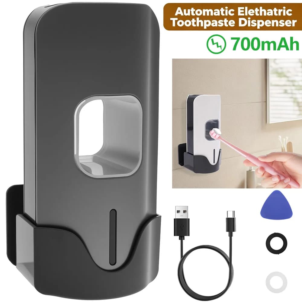 Dispenser Automatico di Dentifricio Ricaricabile 700mAh con 3 Livelli di Potenza, Spremitore Elettrico e Porta Spazzolini da Parete