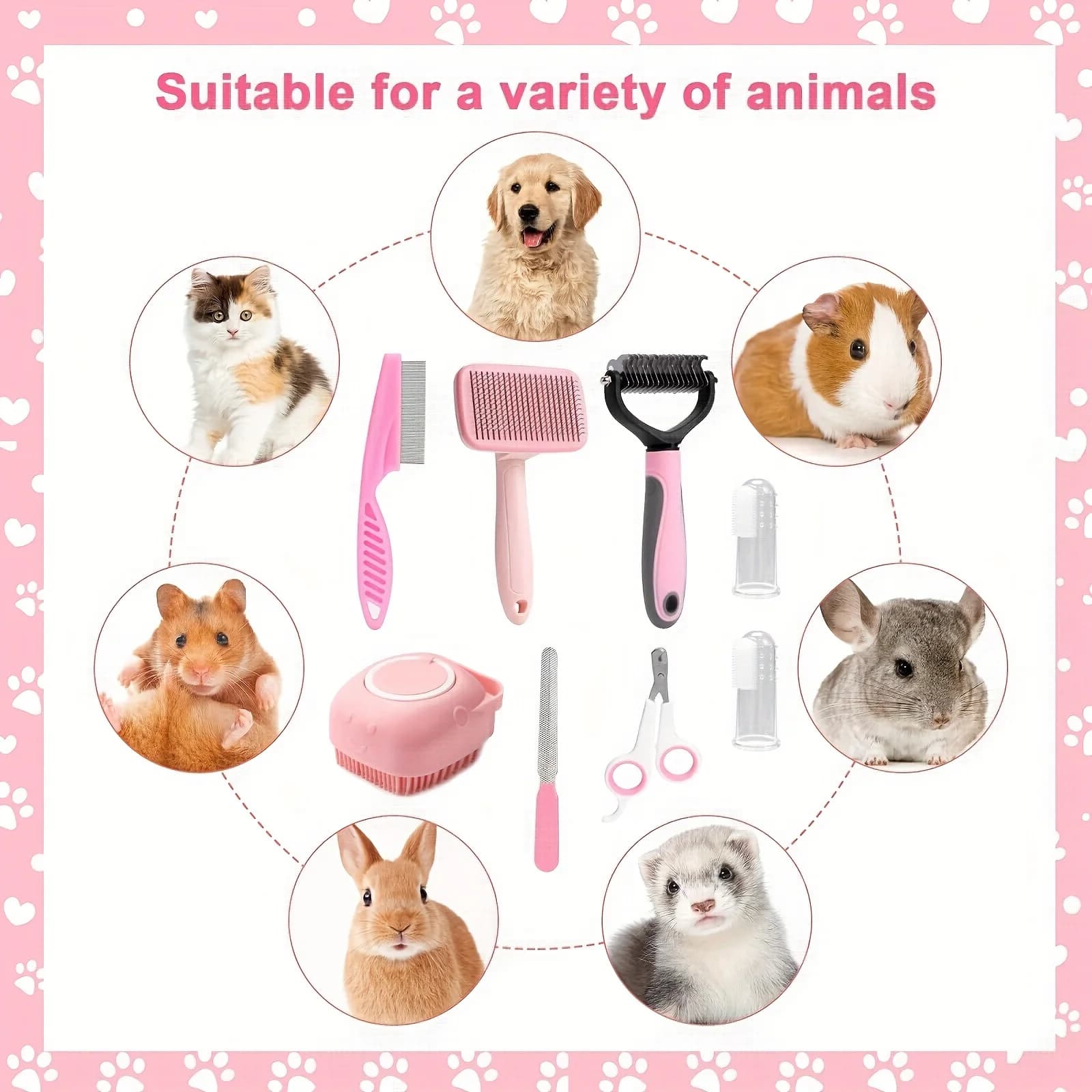 Set di 8 strumenti per toelettatura animali domestici, con coltello e documenti per unghie per animali domestici, pettine per pulci, spazzola da bagno per shampoo per animali domestici, spazzola per depilazione