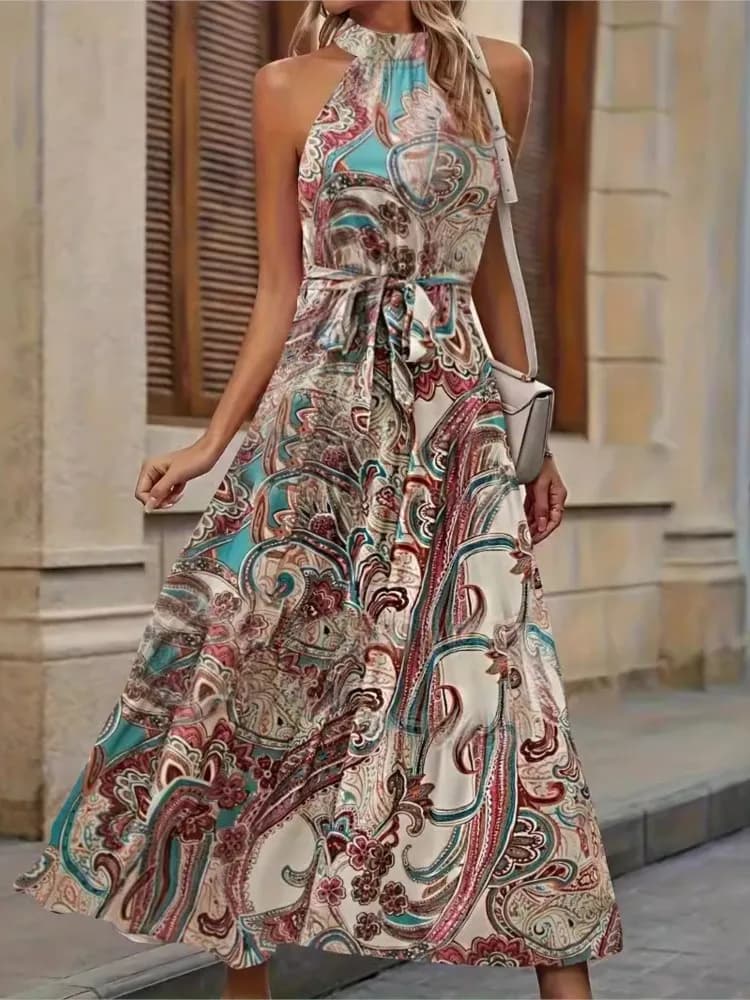 Abiti da donna con scollo all'americana con stampa stile bohemien Vita alta Leace-up senza maniche Abito a trapezio Moda Casual Abiti da vacanza Nuovo
