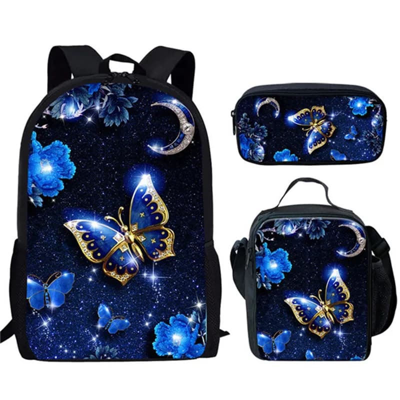 Harajuku Beautyful Butterfly Animal 3pcs/Set Backpack Print School Student Bookbag Anime Laptop Daypack Lunch Bag Pencil Cases