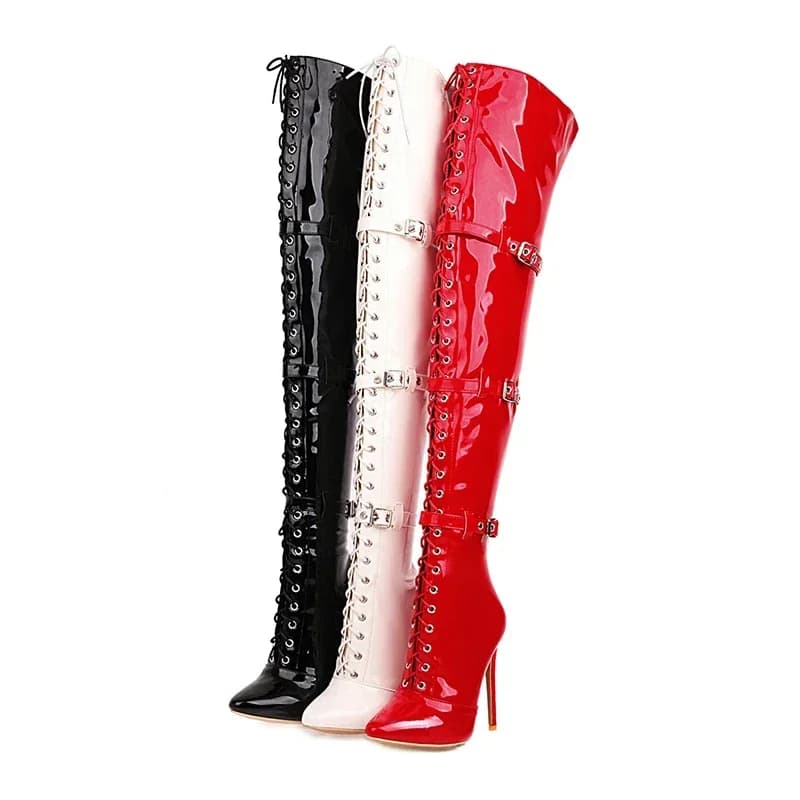 Stivali alti alla coscia da donna sexy incrociati con punta a punta Tacchi alti sottili Stivali sopra il ginocchio Scarpe in pelle verniciata Donna 33-46