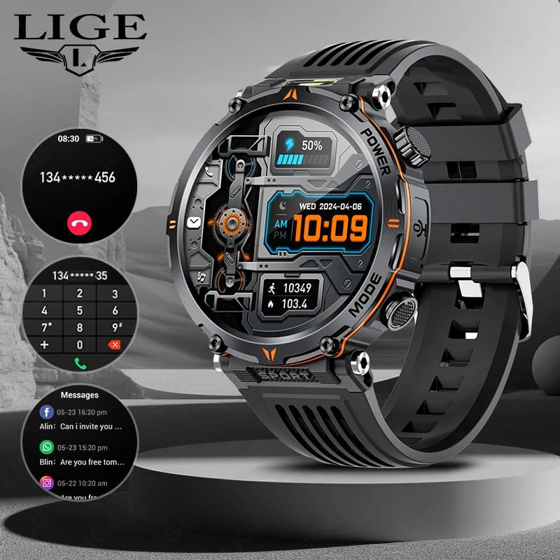 LIGE New Exterior Smartwatch for Men, 600mAh, LED Flashlight, compass, Bluetooth Calls, Cardiofrequencymetro, IP68, Sport Smartwatch 2026