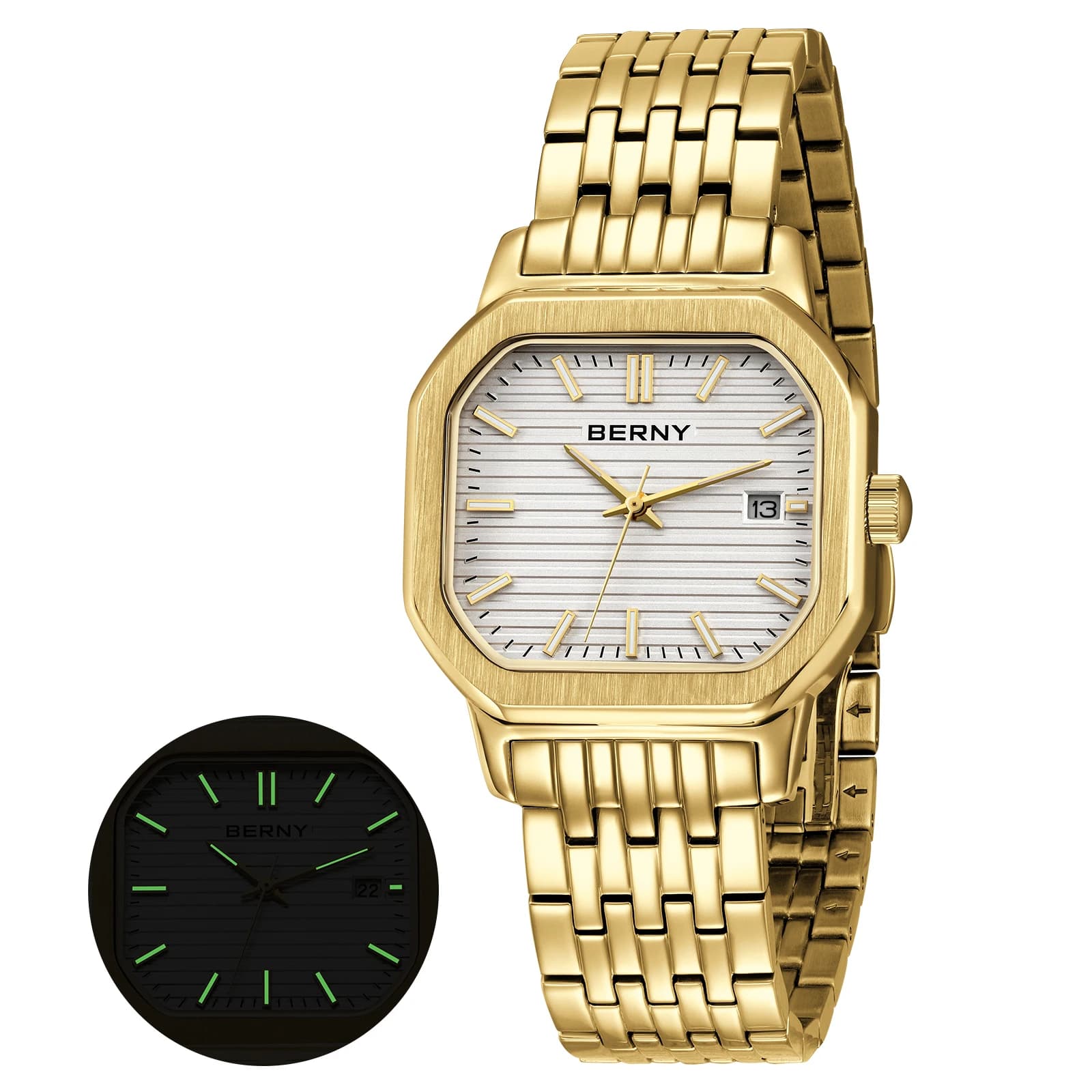 BERNY Golden Men's Watches Luxury, Elegant, Bright, Quartz Watch, With Rectangular Dial, Working Wrist Watch