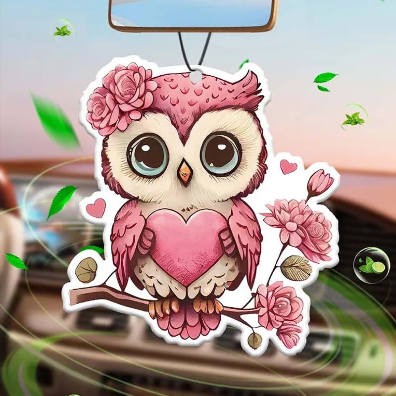 Pink branches with owl pattern and flowers, long-lasting car perfume, car deodorant, persistent fragrance, pendant.