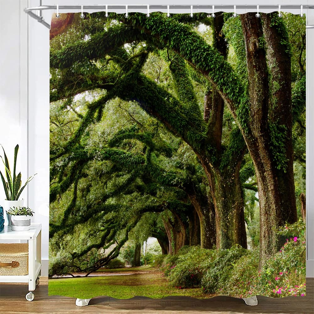 Tenda da doccia in tessuto di poliestere impermeabile con motivo a tunnel di muschio e albero di quercia naturale, con ganci, ad asciugatura rapida e lavabile per il bagno