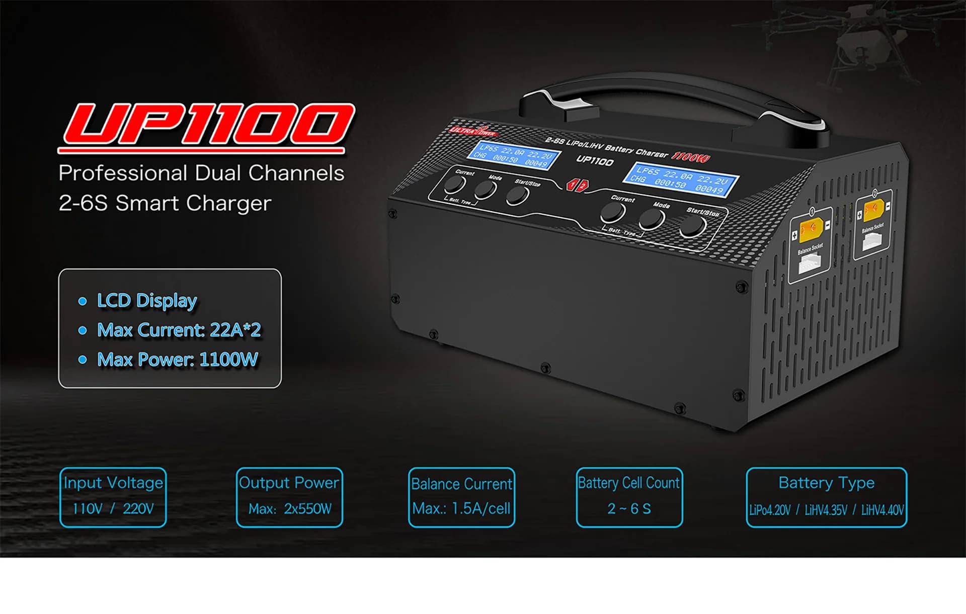 Caricabatterie Intelligente a Doppio Canale ULTRAPOWER UP1100 con Protezione Multipla, Regolabile 1100W 22A per Modelli RC e Batterie 26S