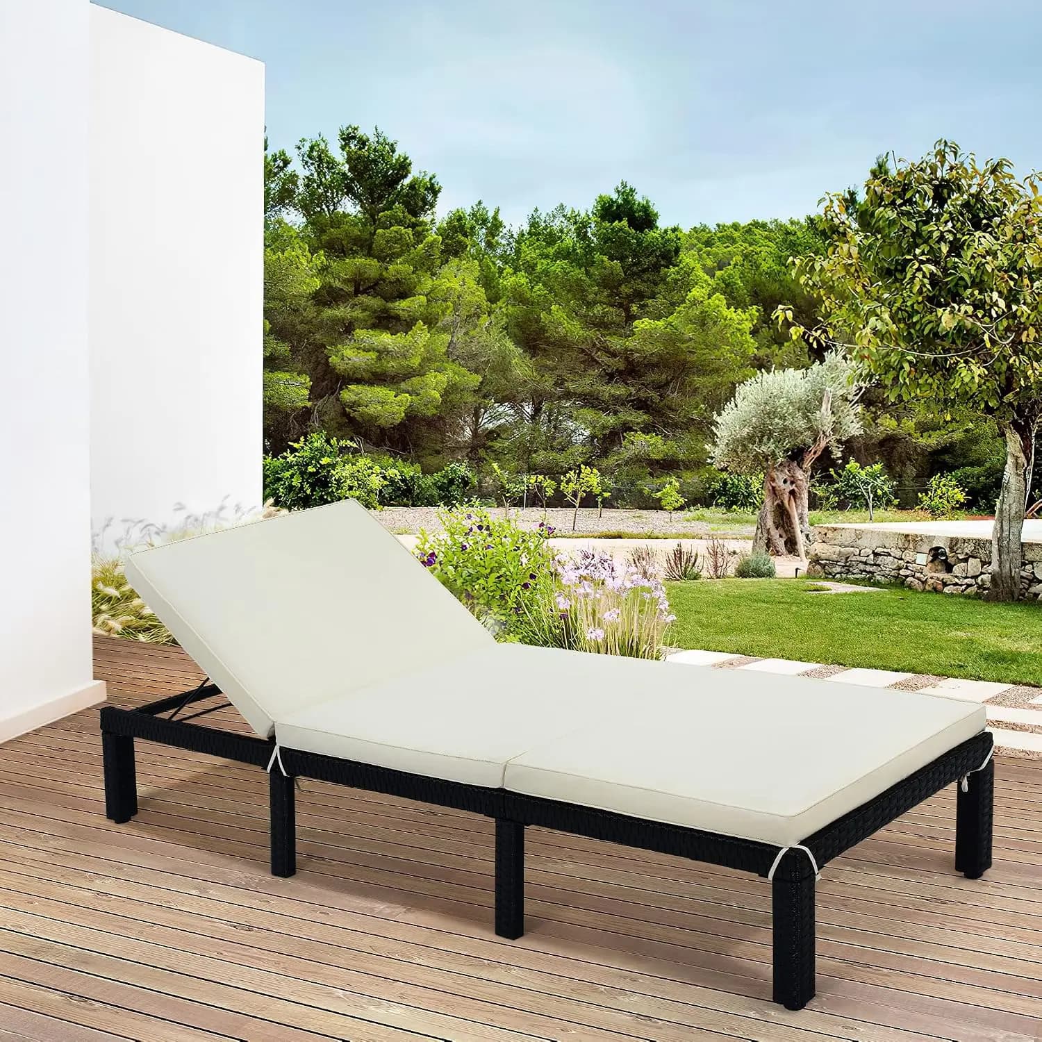 Rattan Chaise Lounge Chair Adjustable Backrest & Removable Cushions Pool Yard Garden Outdoor Patio Furniture, Customized