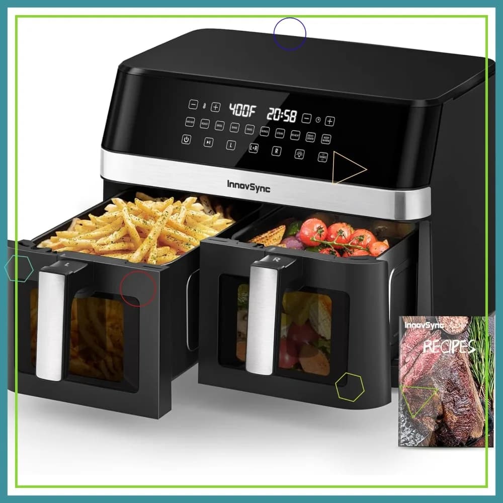Friggitrice ad Aria Doppia da 12QT, 10-in-1 con Doppia Zona e 2 Cestelli da 6QT, Touchscreen, SyncCook, Finestra di Visualizzazione, Antiaderente e Lavabile in Lavastoviglie