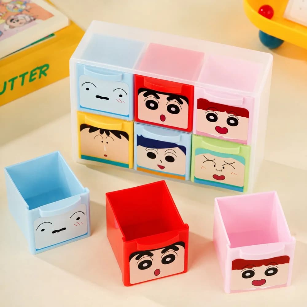 Genuine Crayon Shin-chan 6 Grid Desk Organizer Box Cute Plastic Drawer Storage Case for Stationery Makeup Sundries Home Office