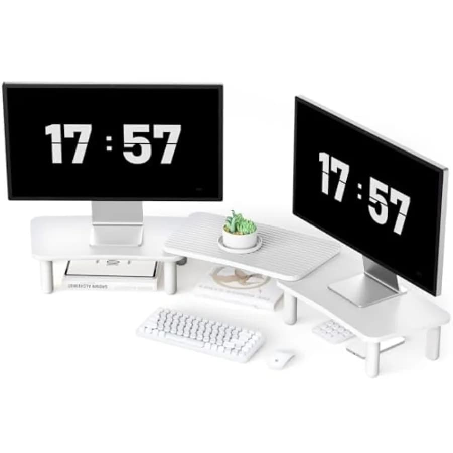 Supporto per doppio monitor da scrivania, regolabile in altezza, in legno, per computer, laptop, stampante, TV, bianco