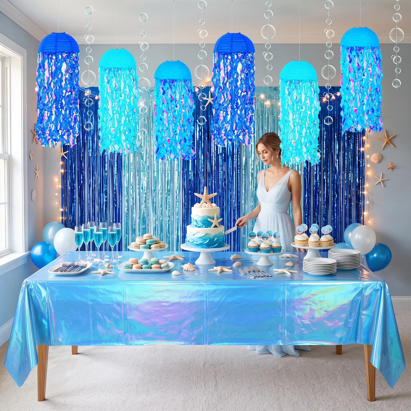 Hanging Jellyfish Paper Lantern with Tassel Curtain Bubble Garland Sea Themed Party Decoration for Birthday Baby Shower Beach