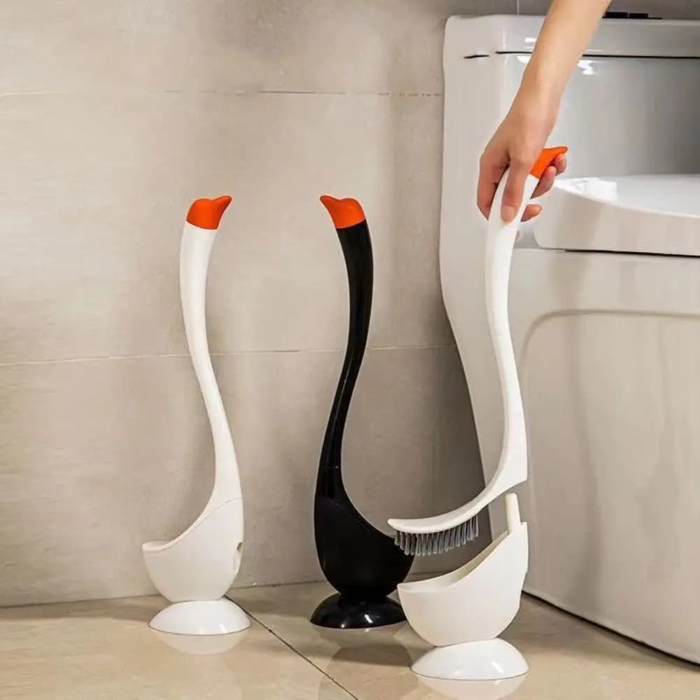 Scopino per WC a forma di cigno con manico lungo, cartone animato, testa a setole dense, stantuffo per WC, porta scopino in plastica per uso domestico, bagno