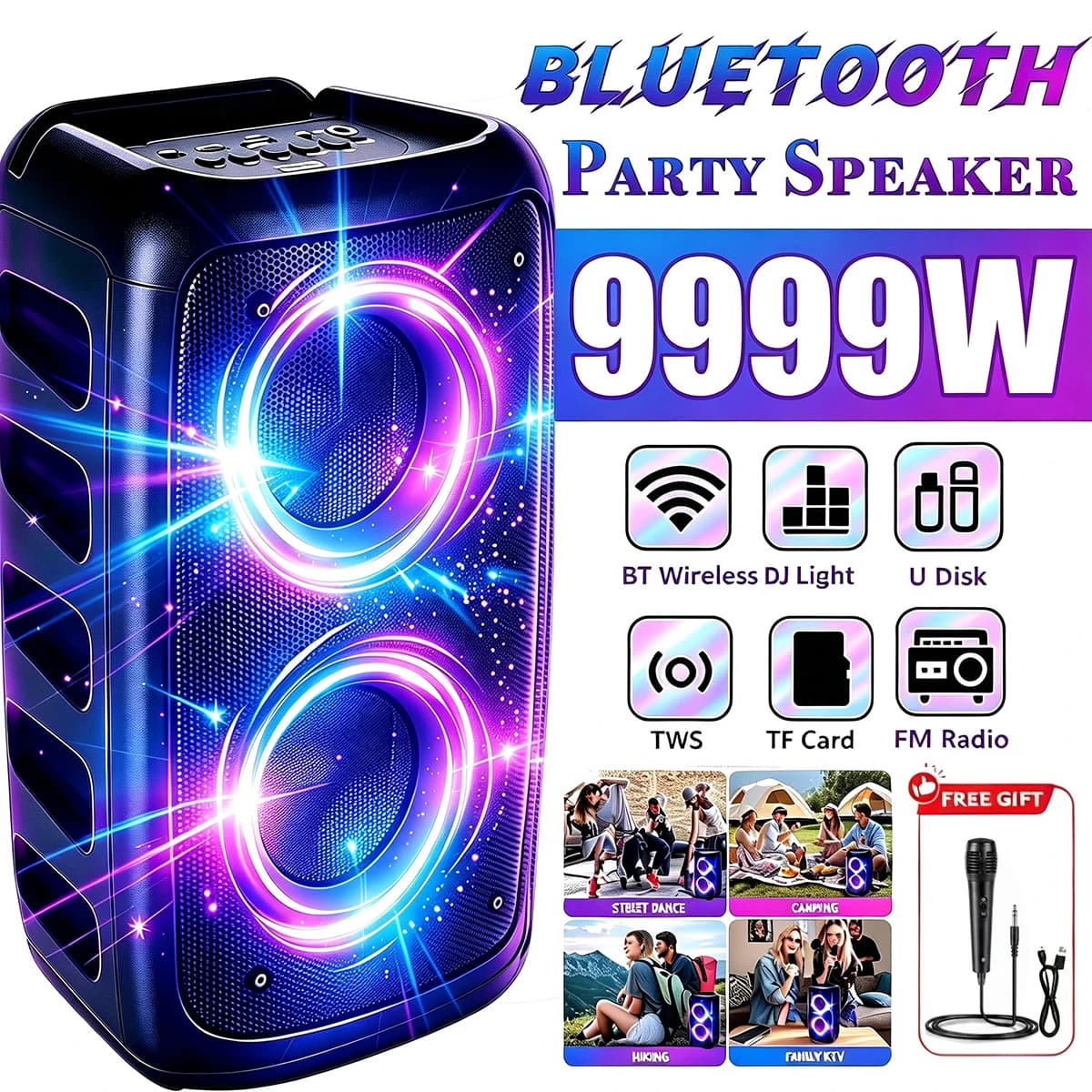 9999W Professional Large Bluetooth Speaker with Microphone, Portable Design, Featuring Subwoofer Party Box, LED Lights, Compatible with BT/USB/TF/AUX/FM/TWS/MIC/EQ Functions, Professional Karaoke. Ideal Gift for Birthdays, Christmas, and New Year