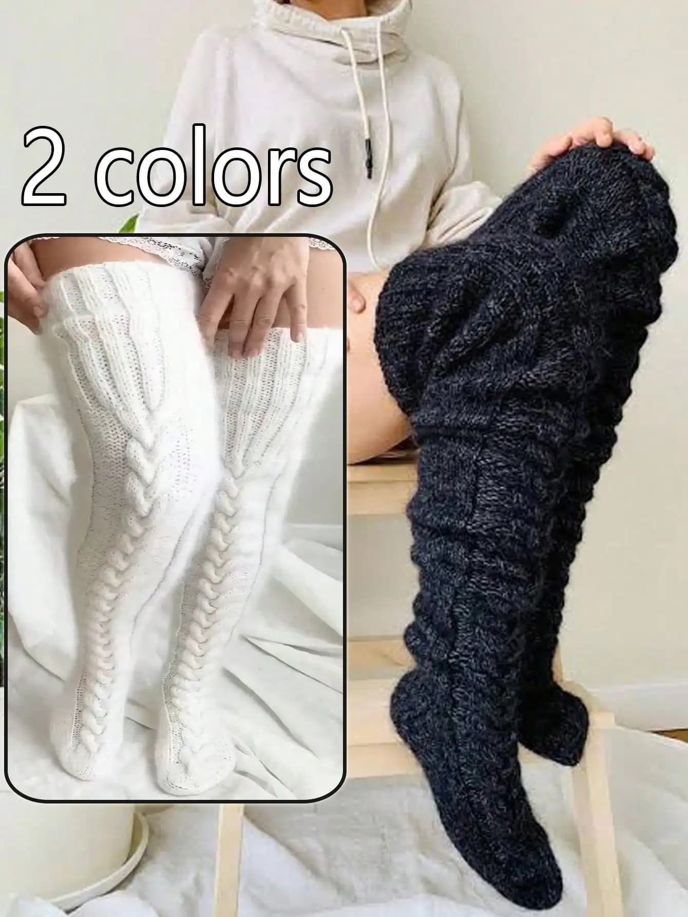 Calzini al ginocchio lavorati a maglia da donna, taglie forti, caldi e comodi, design a trecce, bianco/nero, moda autunno inverno