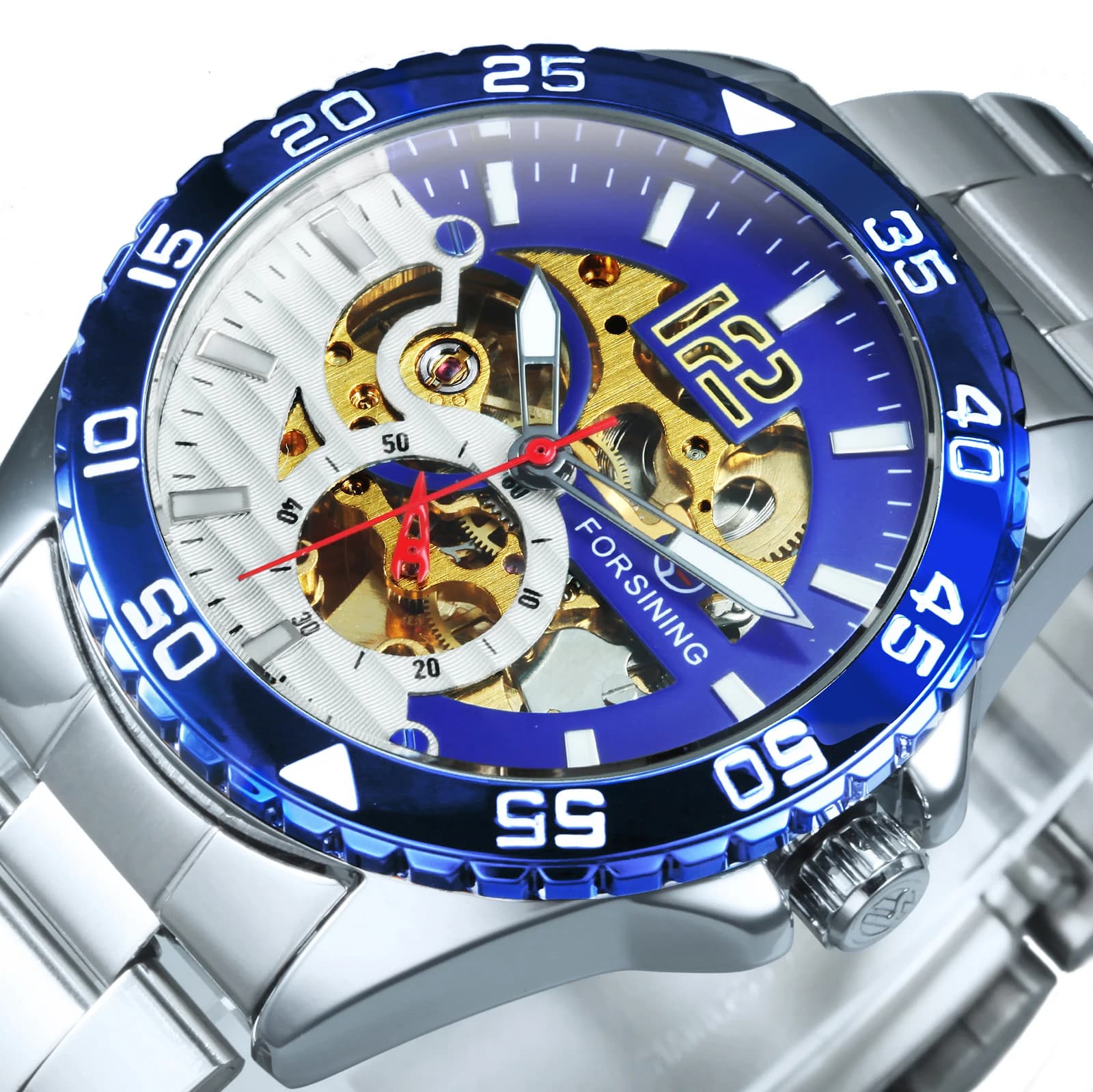 Forsining Steampunk Skeleton Orologio da uomo Lunetta girevole blu Orologi meccanici automatici di lusso Orologio da polso con cinturino in acciaio inossidabile