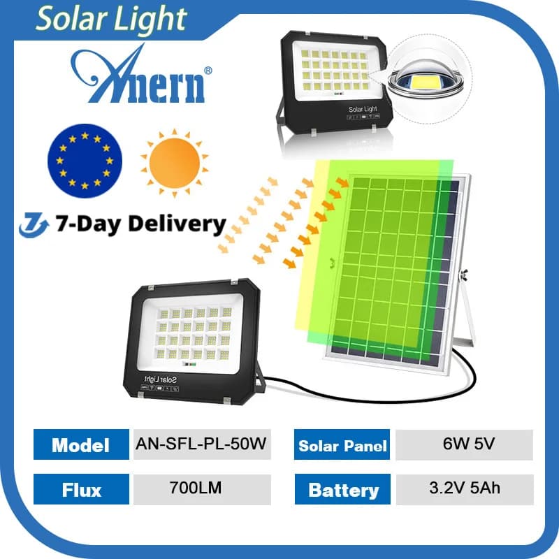 Solar lamp Anern 50W 550lm with 5V 6W panel, LiFePO4 4000mAh battery, IP65 waterproof, Remote control, Timer, Dimmable, for Exterior Garden/Prato, EU