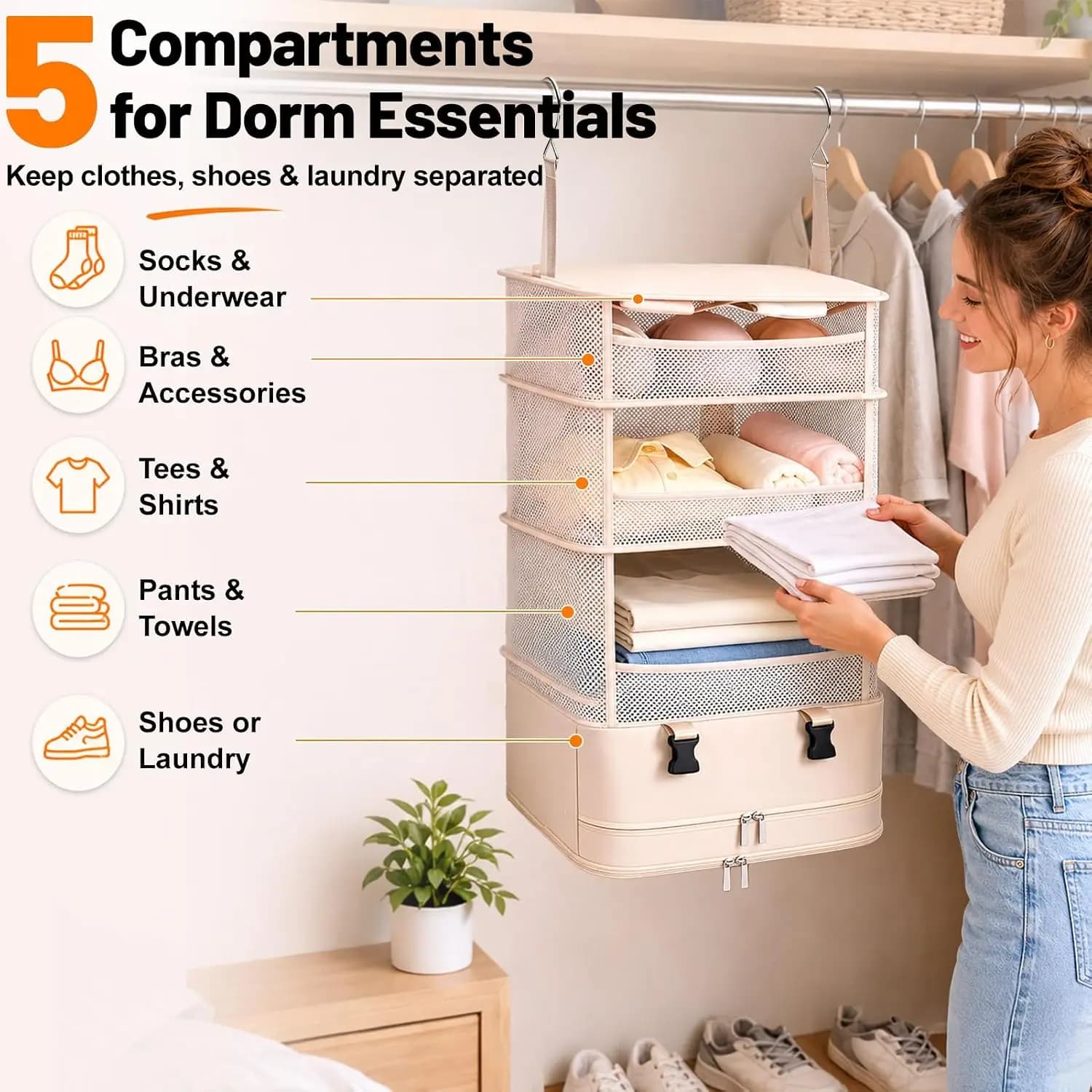 Hanging Closet Organizer, Foldable Mesh Shelves with Zipper Bag, Dorm Room Essentials for Students, Closet Storage, Small Spaces