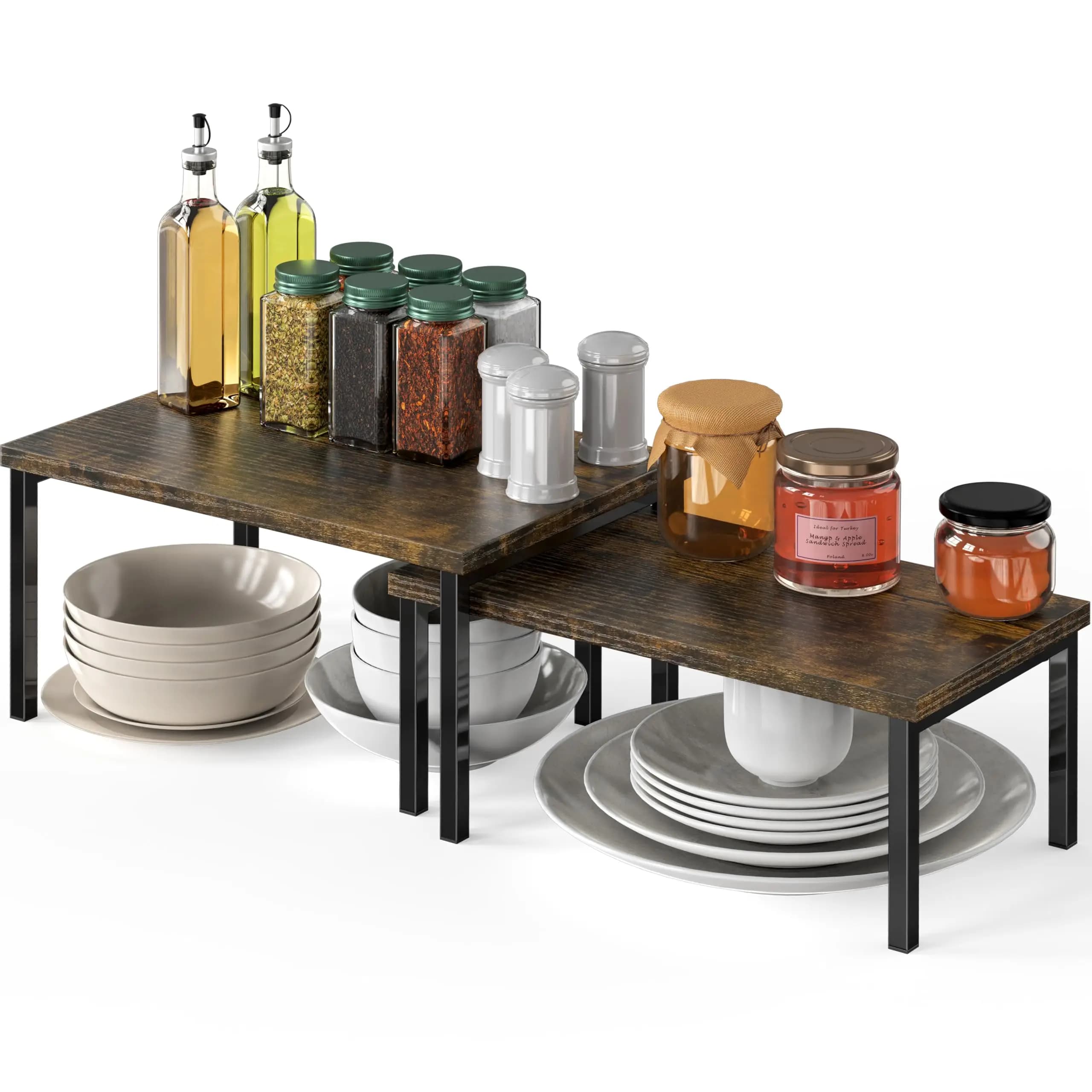2 Level Impilable Desk Shelves: Metal and Wood Organizer for Office and Home
