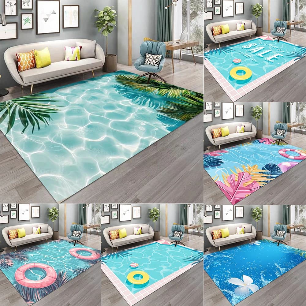 Carpet with water pattern for swimming pool, floating ring with tropical palm leaves, flower designs, non-slip carpet for living room decor