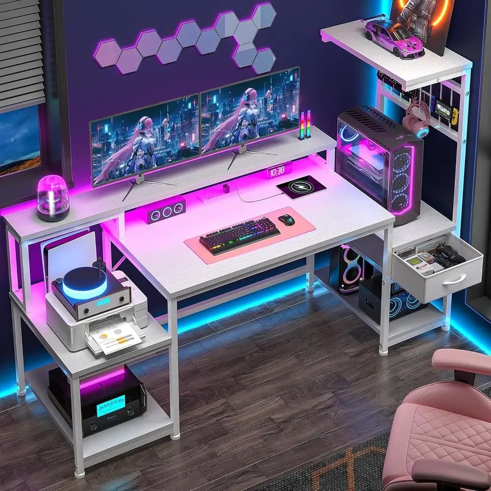 55-Inch LED-Lit Computer Desk with Storage Shelves, Outlets, and Monitor Stand for Home Office, Gaming, and Study