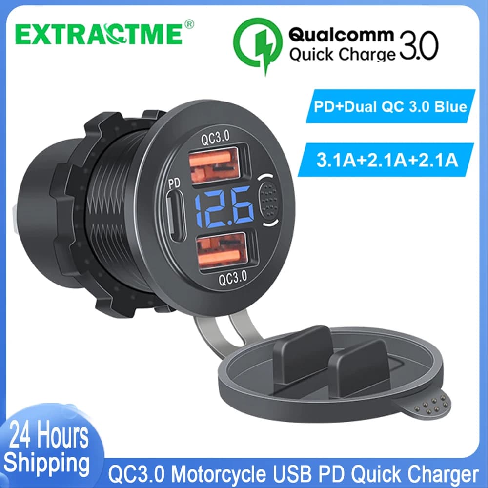 Extractme QC3.0 Motorcycle USB Charger 12V Waterproof Socket Handlebar Cell Quick Charger Adapter with Voltmeter Motor Accessory